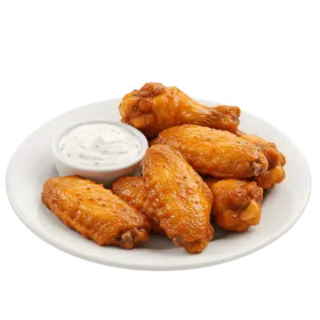 Ten chicken wings on a plate with a cup of ranch dressing